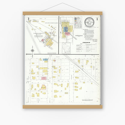 Old map wall art mockup — magnetic wood frame on white wall — Sanborn Fire Insurance Map from Cuba City, Grant County, Wisconsin (1932) - Complete Map Set