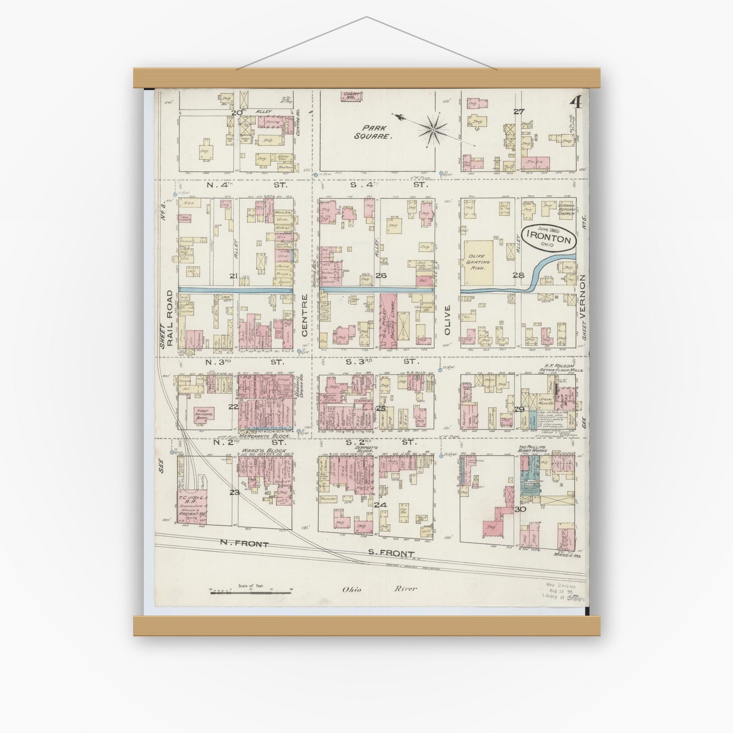 Old map wall art mockup — magnetic wood frame on white wall — Sanborn Fire Insurance Map from Ironton, Lawrence County, Ohio (1885), Sheet #0004