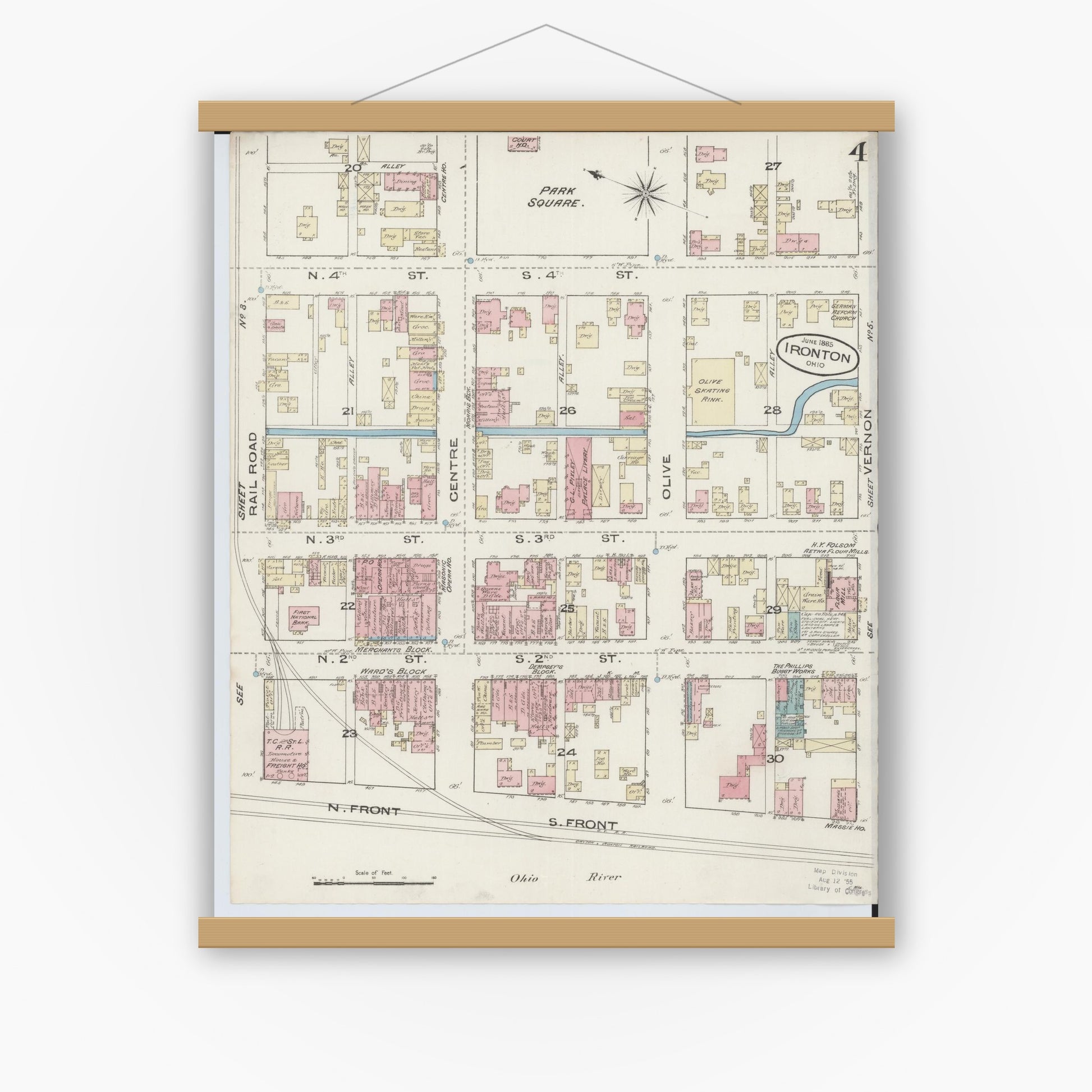 Old map wall art mockup — magnetic wood frame on white wall — Sanborn Fire Insurance Map from Ironton, Lawrence County, Ohio (1885), Sheet #0004