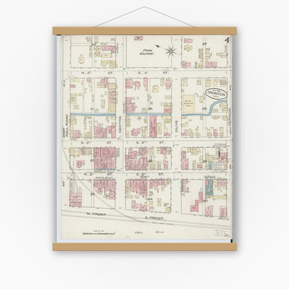 Old map wall art mockup — magnetic wood frame on white wall — Sanborn Fire Insurance Map from Ironton, Lawrence County, Ohio (1885), Sheet #0004