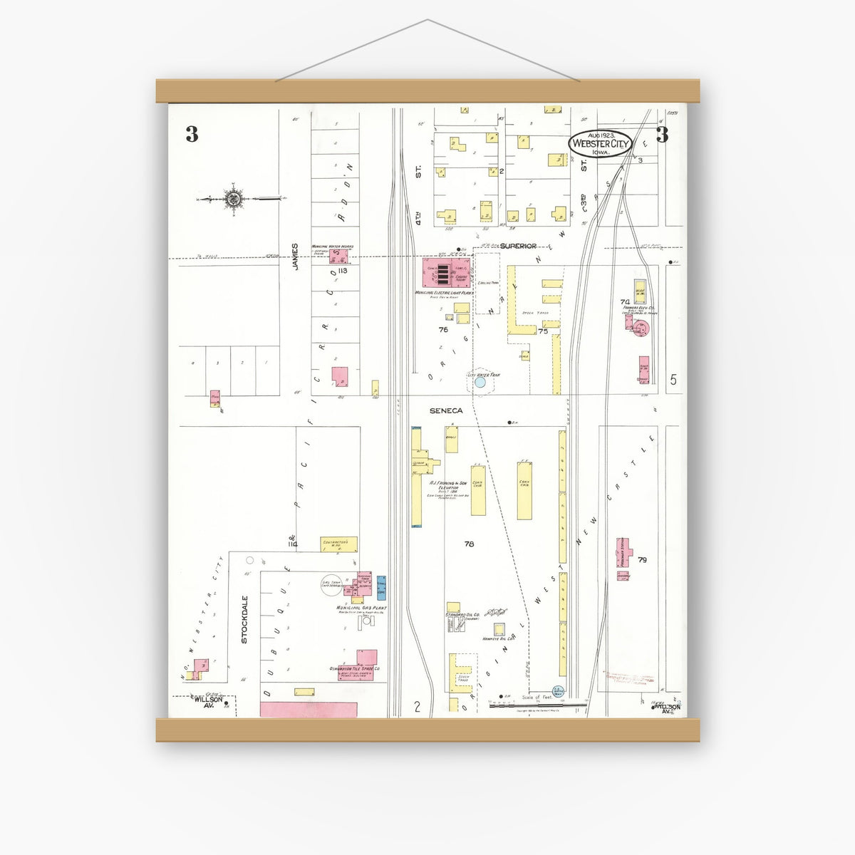 Old map wall art mockup — magnetic wood frame on white wall — Sanborn Fire Insurance Map from Webster City, Hamilton County, Iowa (1923), Sheet #0003