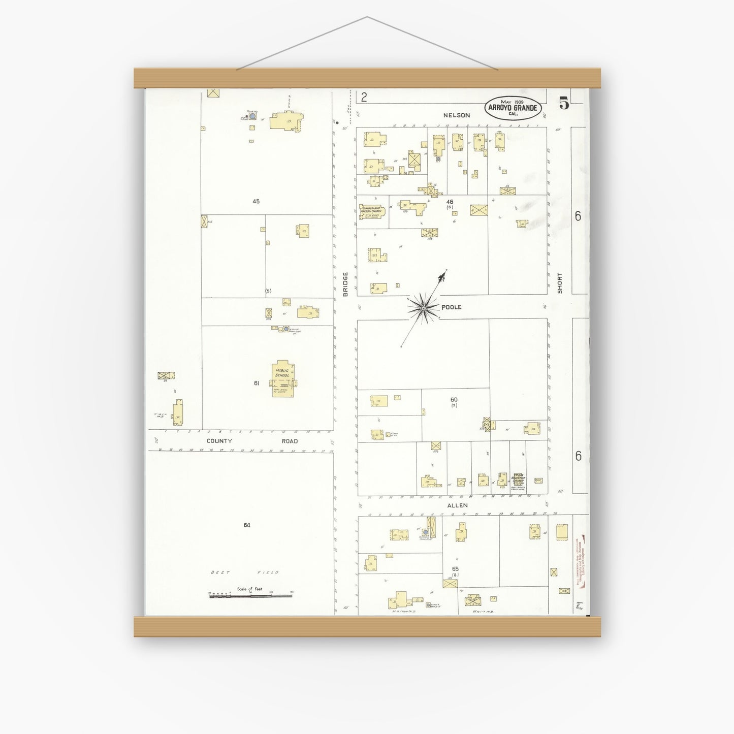 Old map wall art mockup — magnetic wood frame on white wall — Sanborn Fire Insurance Map from Arroyo Grande, San Luis Obispo County, California (1909), Sheet #0005