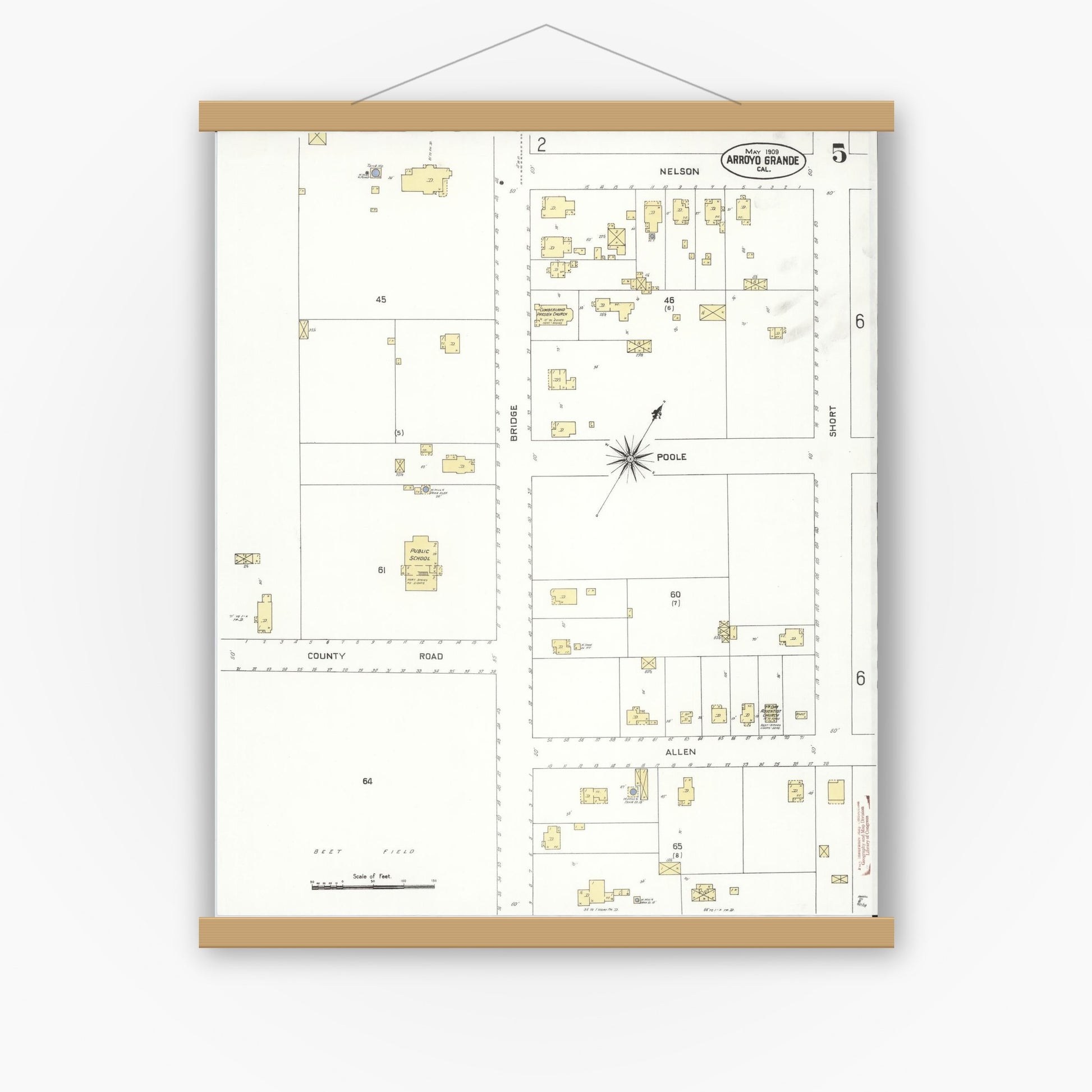 Old map wall art mockup — magnetic wood frame on white wall — Sanborn Fire Insurance Map from Arroyo Grande, San Luis Obispo County, California (1909), Sheet #0005