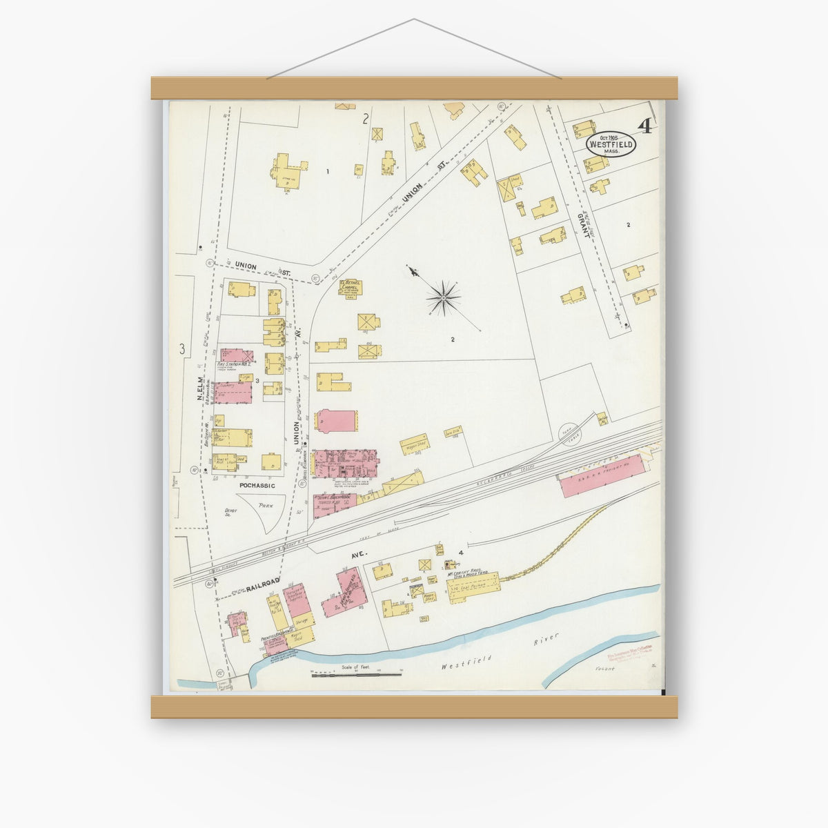 Old map wall art mockup — magnetic wood frame on white wall — Sanborn Fire Insurance Map from Westfield, Hampden County, Massachusetts (1905), Sheet #0004