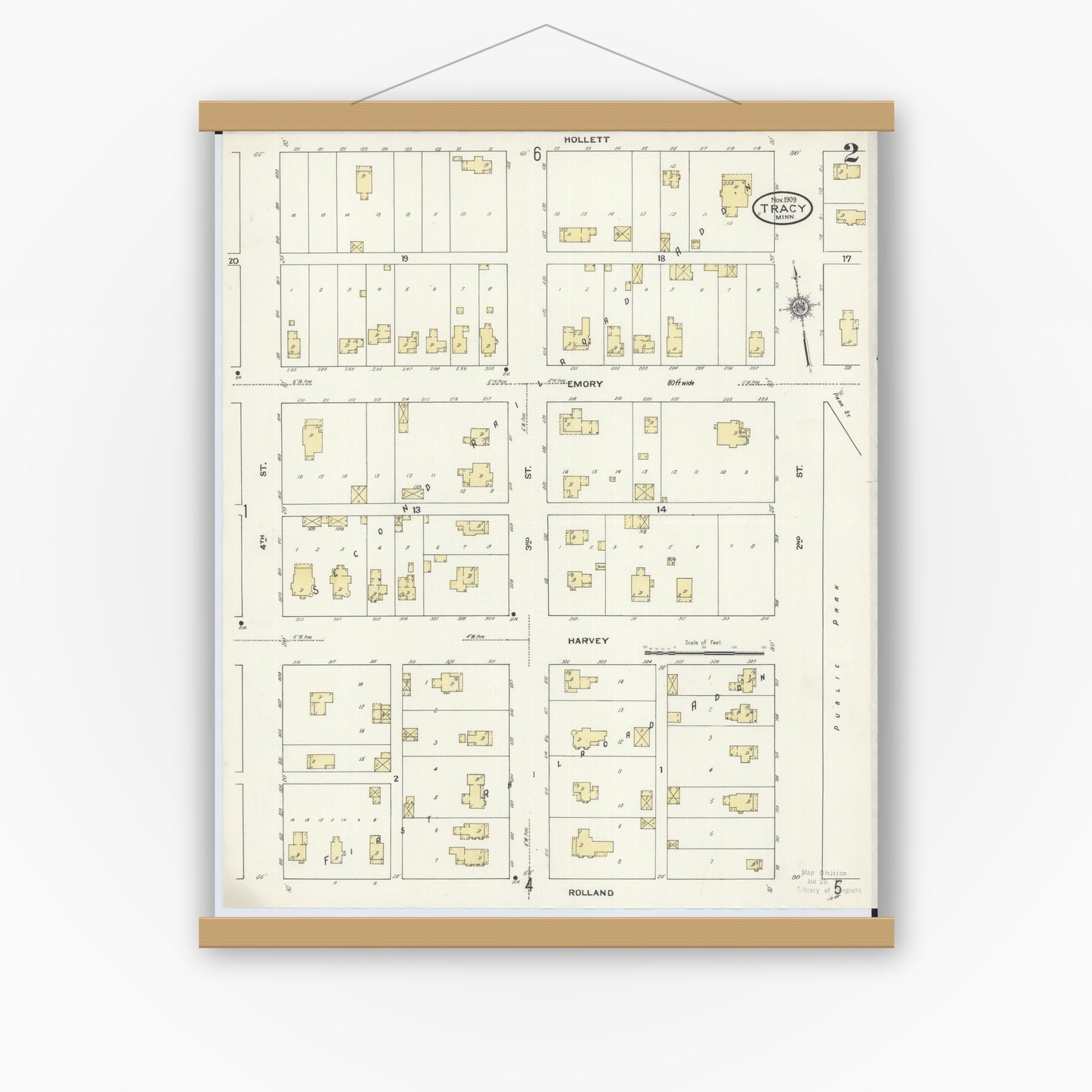 Old map wall art mockup — magnetic wood frame on white wall — Sanborn Fire Insurance Map from Tracy, Lyon County, Minnesota (1909), Sheet #0002