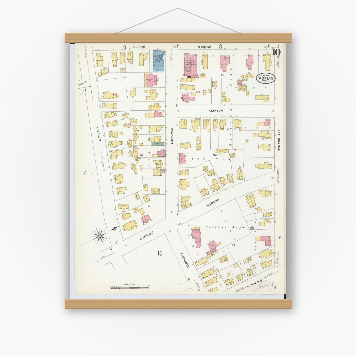 Old map wall art mockup — magnetic wood frame on white wall — Sanborn Fire Insurance Map from Adrian, Lenawee County, Michigan (1908), Sheet #0010