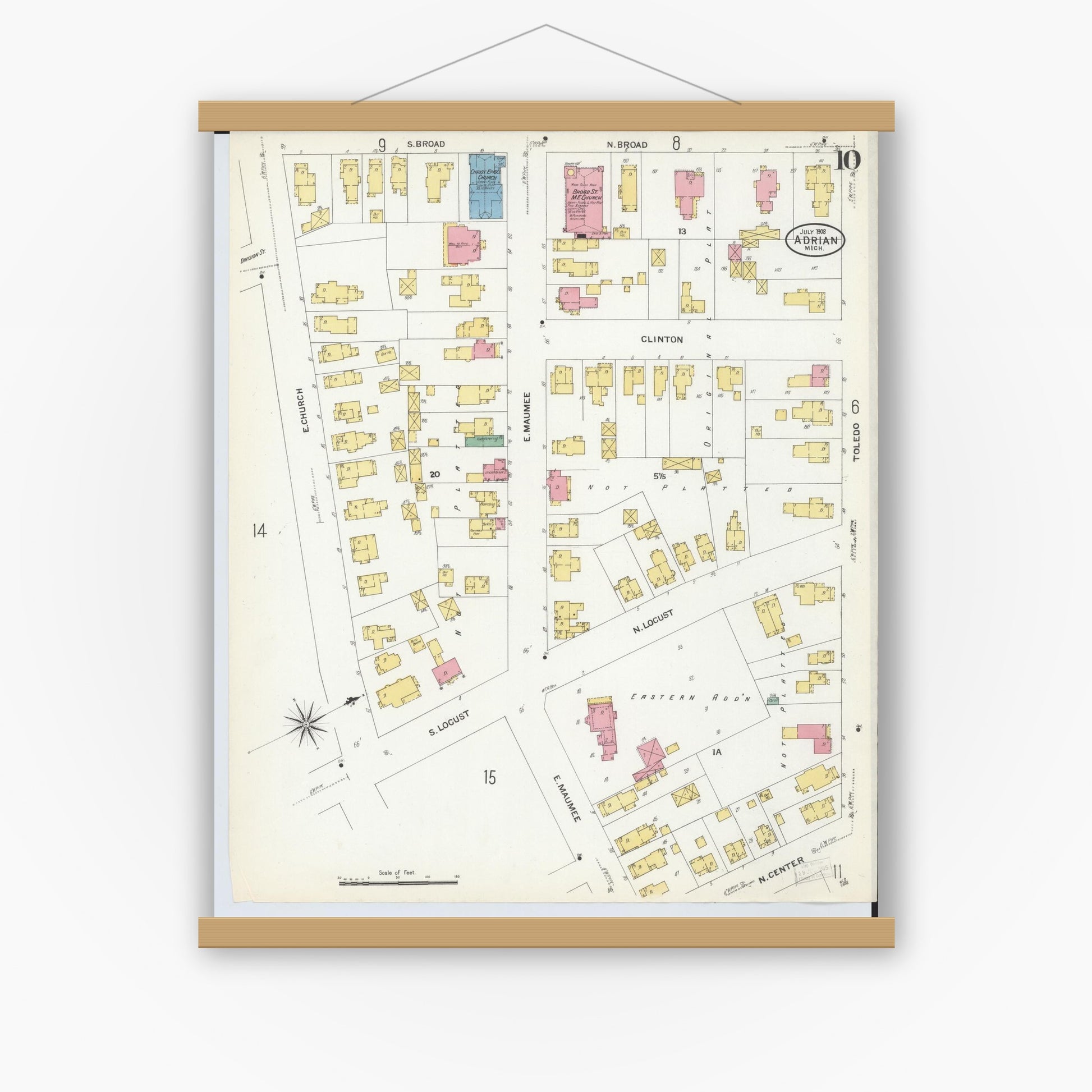 Old map wall art mockup — magnetic wood frame on white wall — Sanborn Fire Insurance Map from Adrian, Lenawee County, Michigan (1908), Sheet #0010