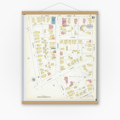 Old map wall art mockup — magnetic wood frame on white wall — Sanborn Fire Insurance Map from Adrian, Lenawee County, Michigan (1908), Sheet #0010