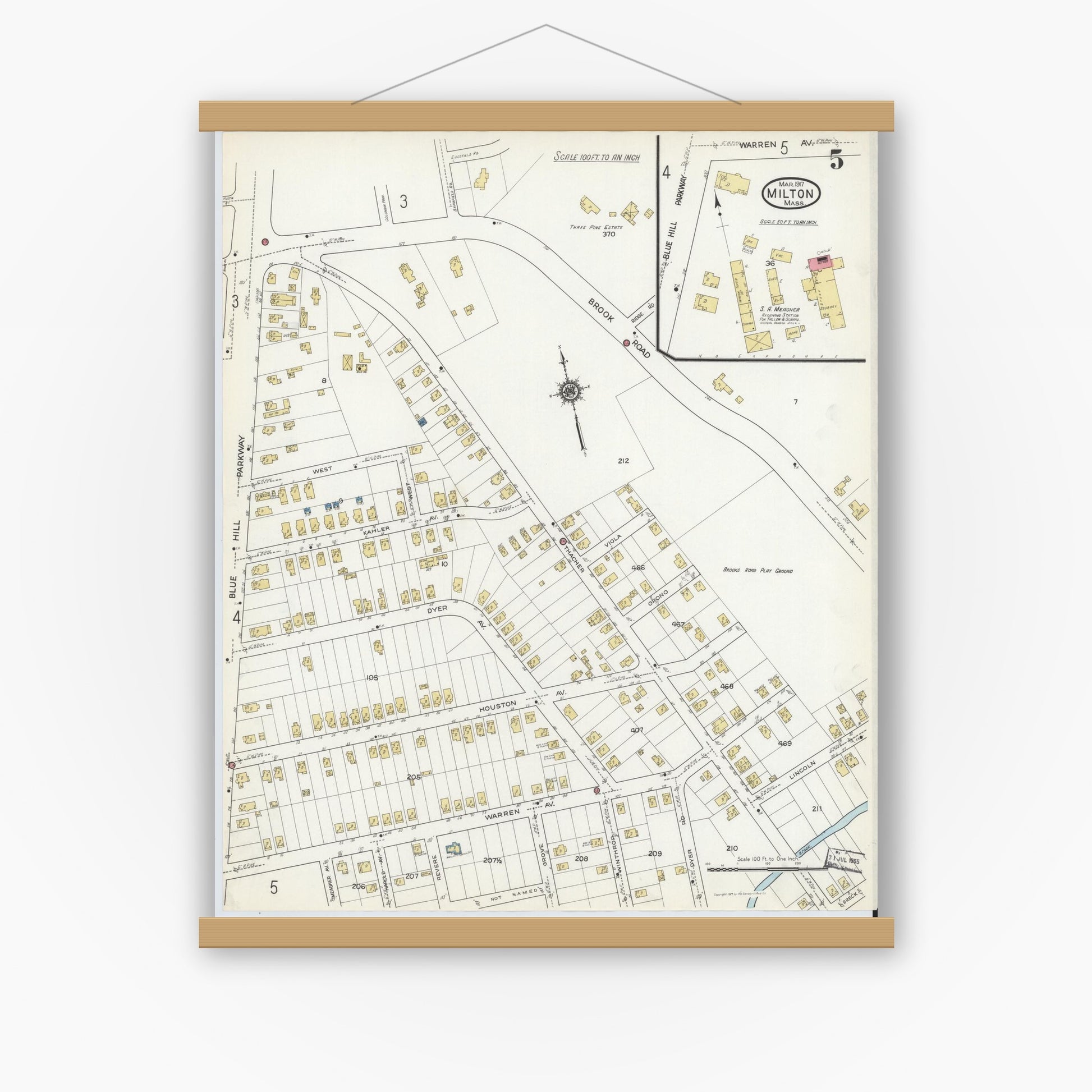 Old map wall art mockup — magnetic wood frame on white wall — Sanborn Fire Insurance Map from Milton, Norfolk County, Massachusetts (1917), Sheet #0005