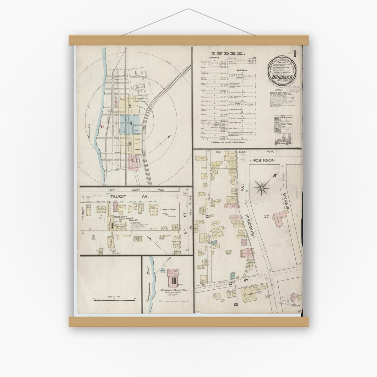 Old map wall art mockup — magnetic wood frame on white wall — Sanborn Fire Insurance Map from Braddock, Allegheny County, Pennsylvania (1886), Sheet #0001
