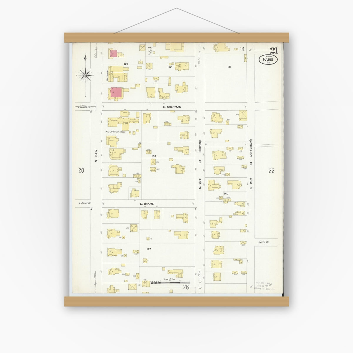 Old map wall art mockup — magnetic wood frame on white wall — Sanborn Fire Insurance Map from Paris, Lamar County, Texas (1908), Sheet #0021
