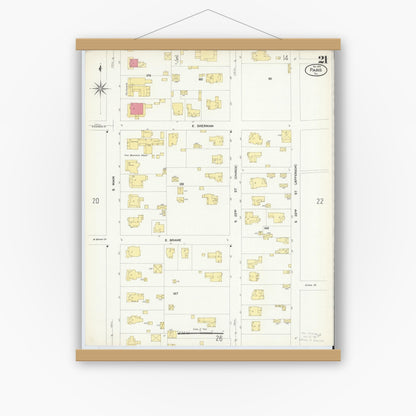 Old map wall art mockup — magnetic wood frame on white wall — Sanborn Fire Insurance Map from Paris, Lamar County, Texas (1908), Sheet #0021
