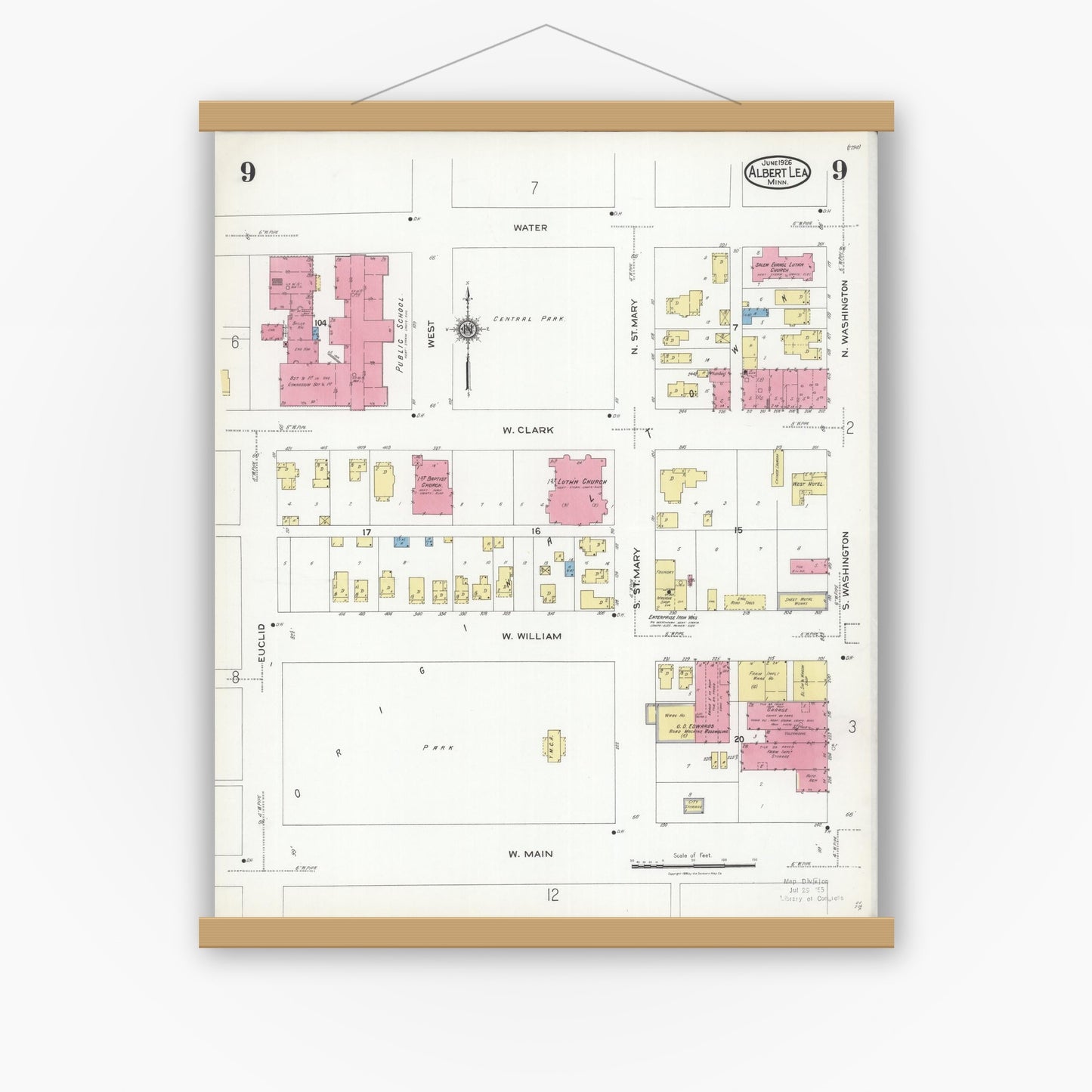 Old map wall art mockup — magnetic wood frame on white wall — Sanborn Fire Insurance Map from Albert Lea, Freeborn County, Minnesota (1926), Sheet #0009