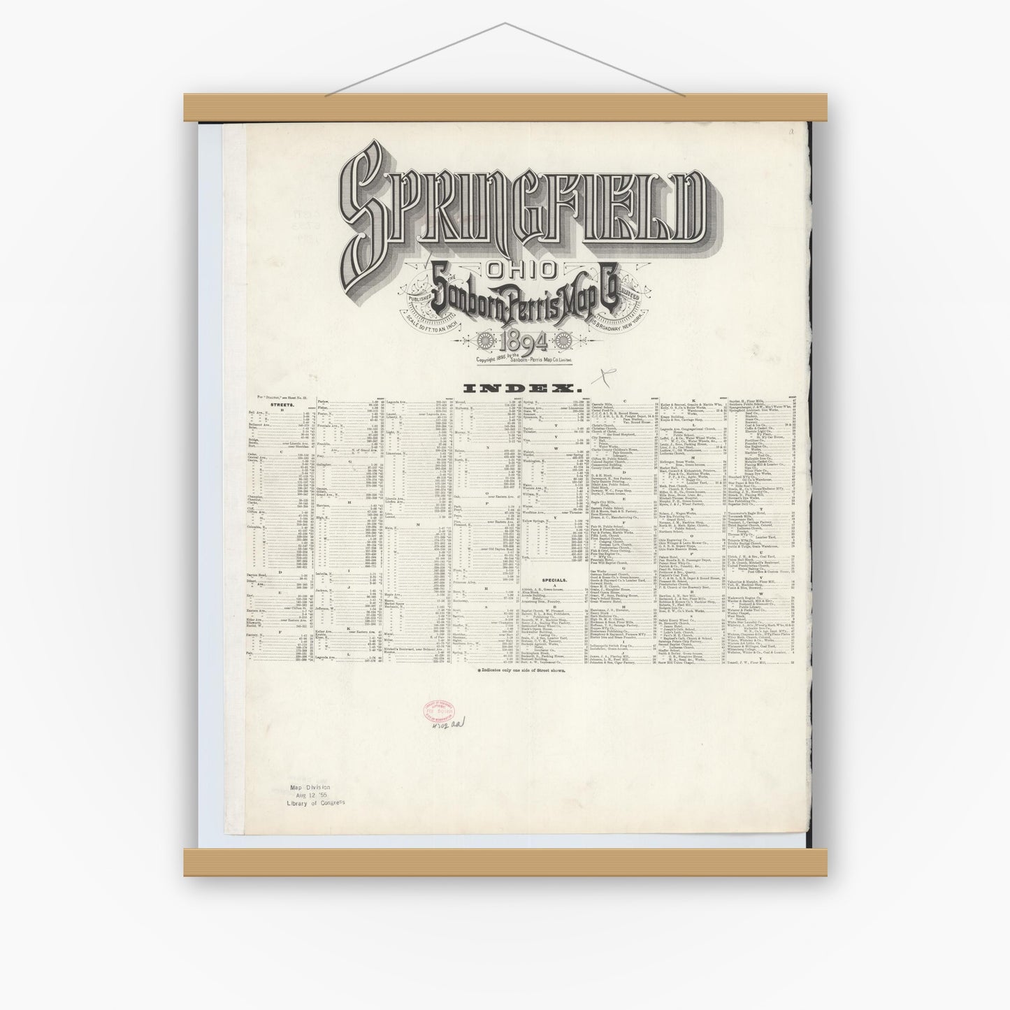 Old map wall art mockup — magnetic wood frame on white wall — Sanborn Fire Insurance Map from Springfield, Clark County, Ohio (1894), Sheet #0001