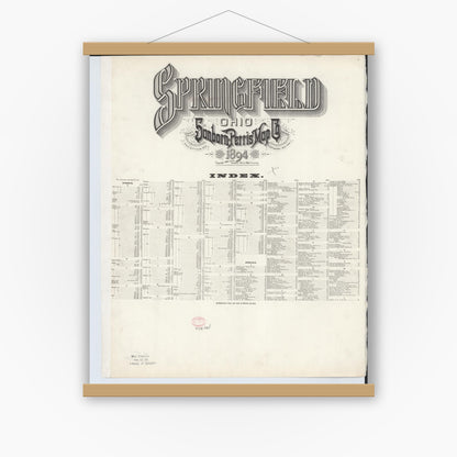 Old map wall art mockup — magnetic wood frame on white wall — Sanborn Fire Insurance Map from Springfield, Clark County, Ohio (1894), Sheet #0001