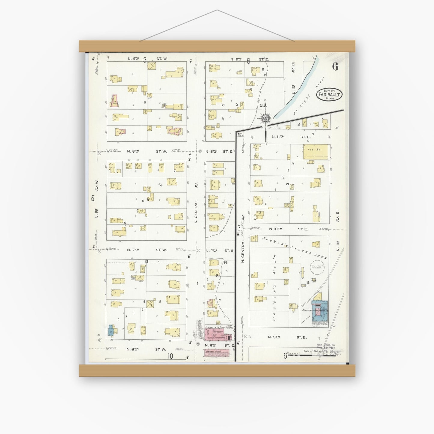 Old map wall art mockup — magnetic wood frame on white wall — Sanborn Fire Insurance Map from Faribault, Rice County, Minnesota (1914), Sheet #0006