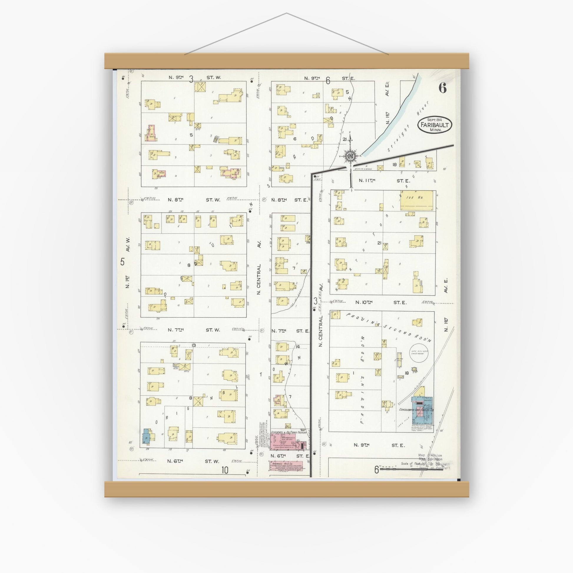 Old map wall art mockup — magnetic wood frame on white wall — Sanborn Fire Insurance Map from Faribault, Rice County, Minnesota (1914), Sheet #0006
