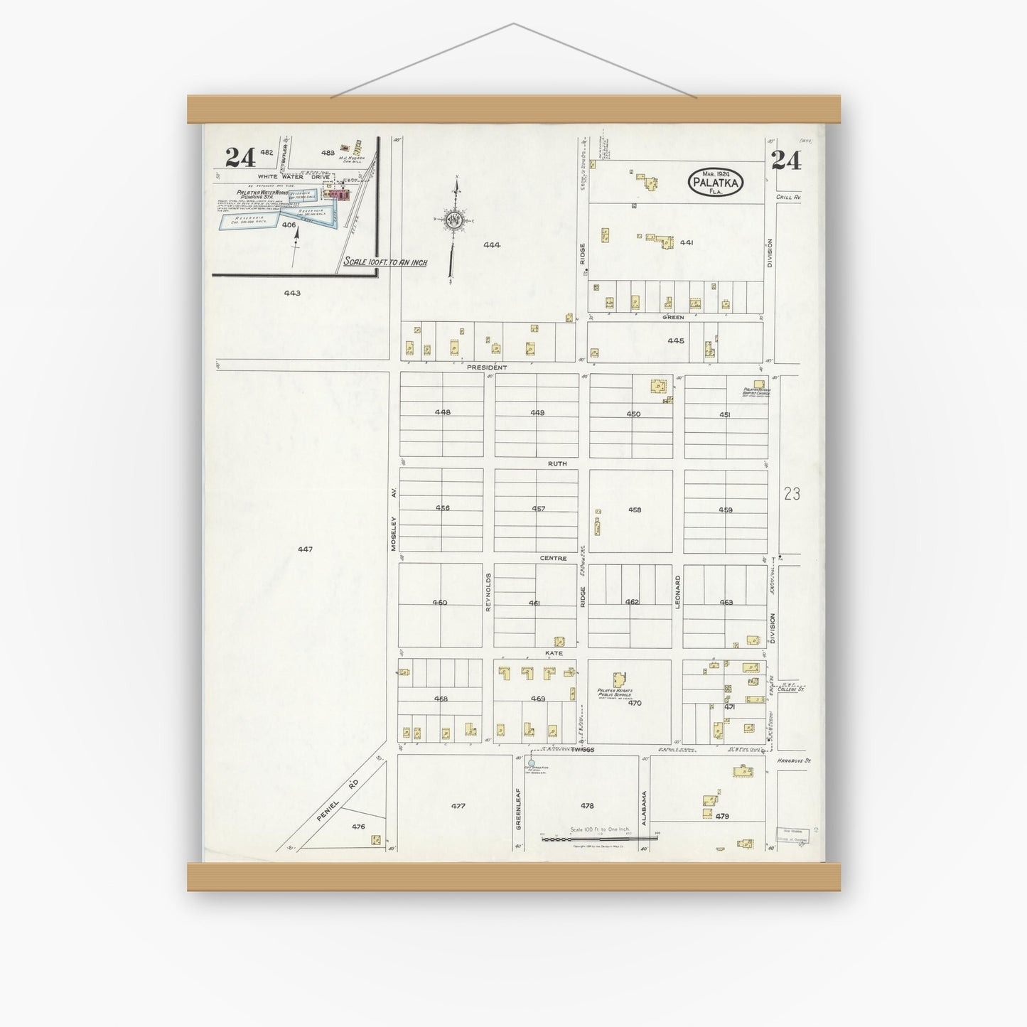 Old map wall art mockup — magnetic wood frame on white wall — Sanborn Fire Insurance Map from Palatka, Putnam County, Florida (1924), Sheet #0024