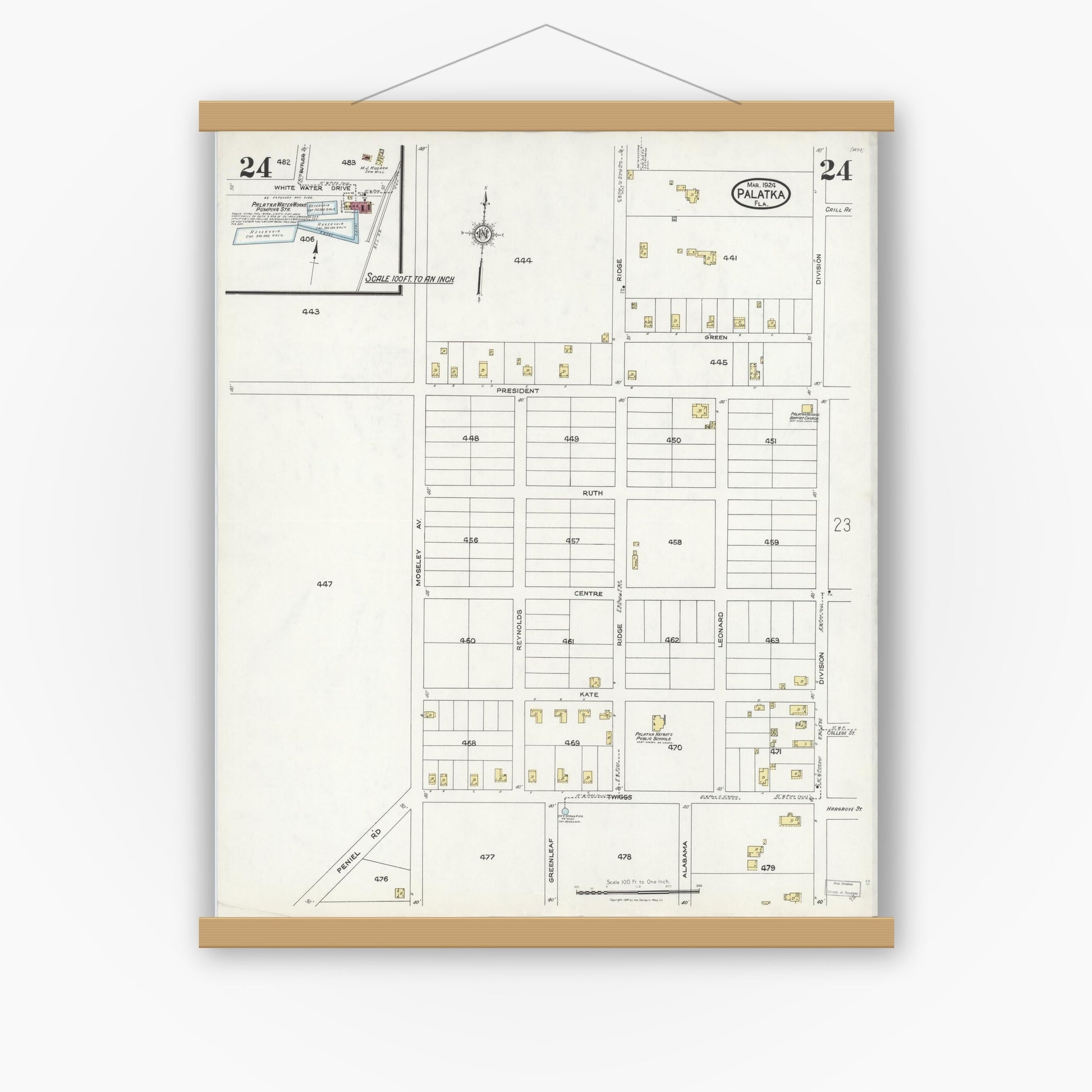 Old map wall art mockup — magnetic wood frame on white wall — Sanborn Fire Insurance Map from Palatka, Putnam County, Florida (1924), Sheet #0024