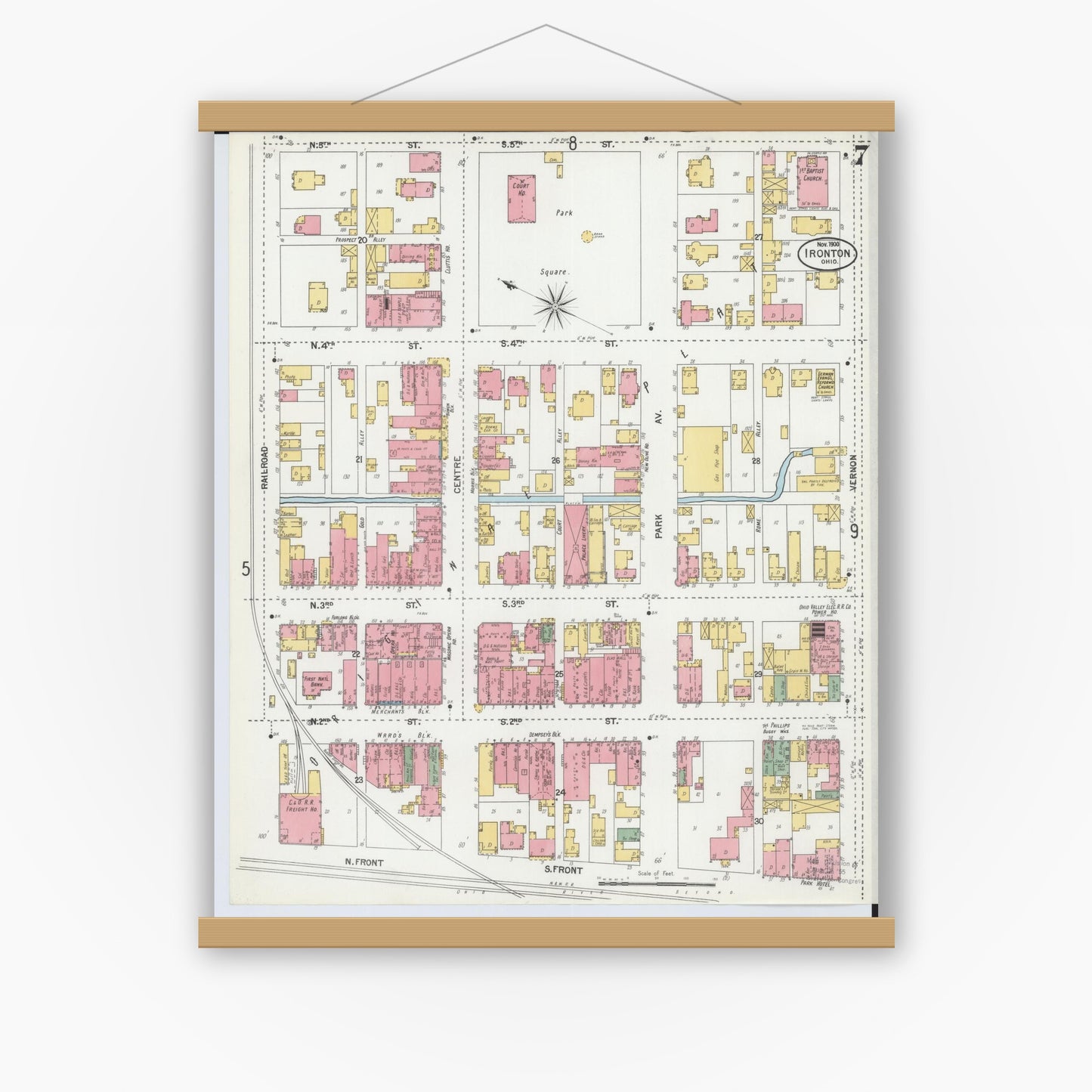 Old map wall art mockup — magnetic wood frame on white wall — Sanborn Fire Insurance Map from Ironton, Lawrence County, Ohio (1900), Sheet #0007