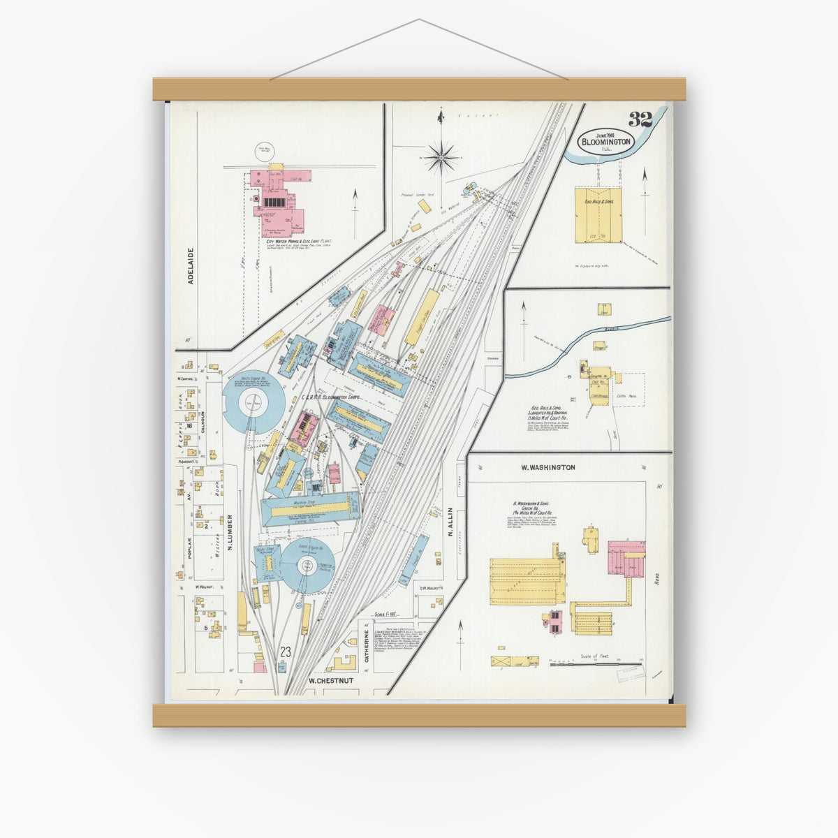 Old map wall art mockup — magnetic wood frame on white wall — Sanborn Fire Insurance Map from Bloomington, McLean County, Illinois (1901), Sheet #0032