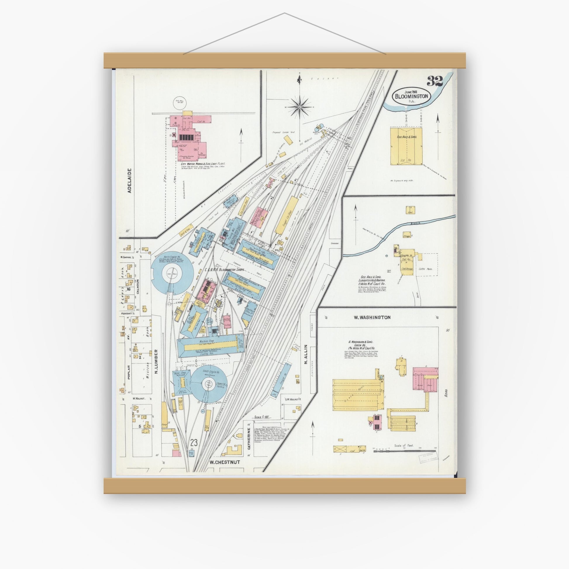 Old map wall art mockup — magnetic wood frame on white wall — Sanborn Fire Insurance Map from Bloomington, McLean County, Illinois (1901), Sheet #0032