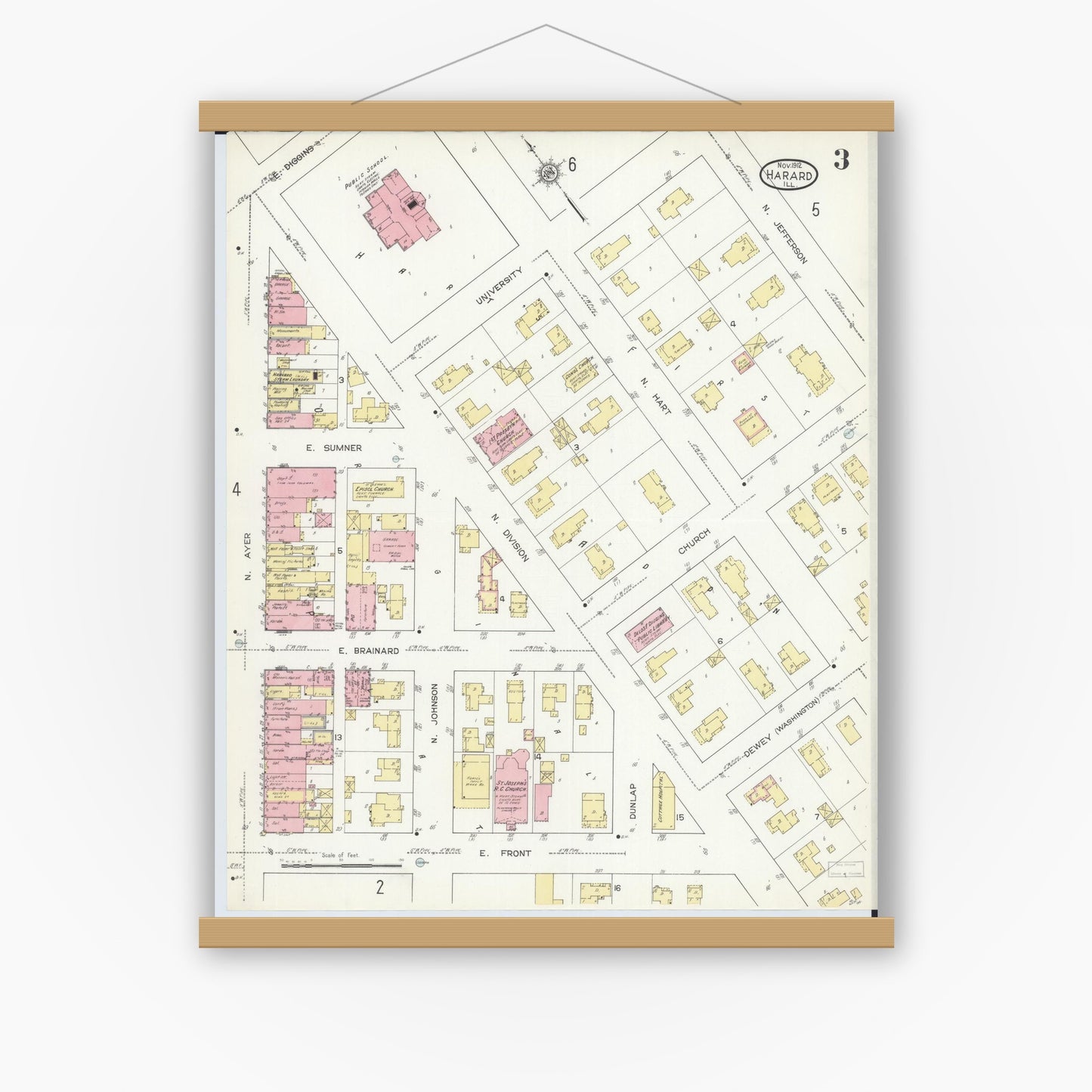 Old map wall art mockup — magnetic wood frame on white wall — Sanborn Fire Insurance Map from Harvard, McHenry County, Illinois (1912), Sheet #0003