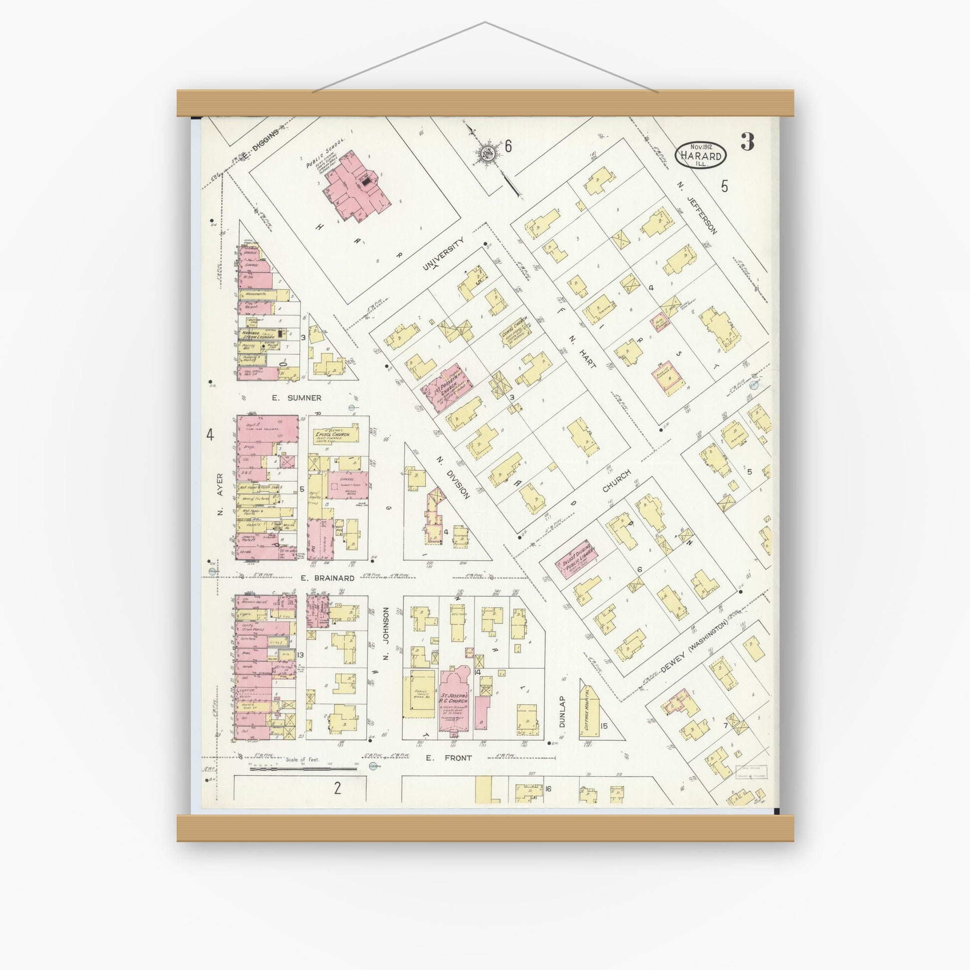 Old map wall art mockup — magnetic wood frame on white wall — Sanborn Fire Insurance Map from Harvard, McHenry County, Illinois (1912), Sheet #0003
