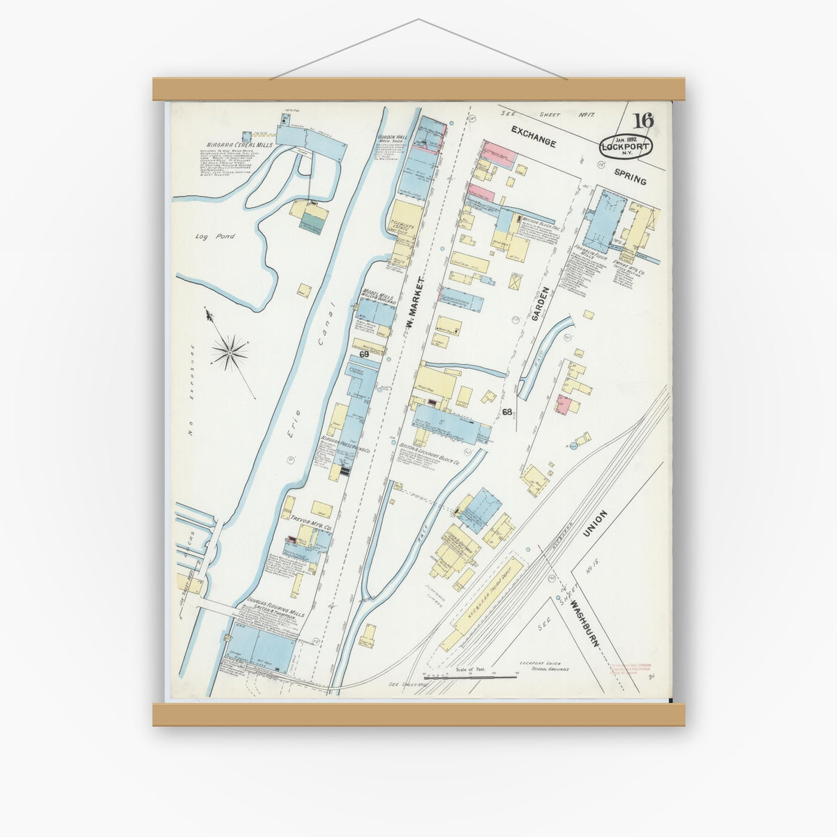 Old map wall art mockup — magnetic wood frame on white wall — Sanborn Fire Insurance Map from Lockport, Niagara County, New York (1892), Sheet #0016