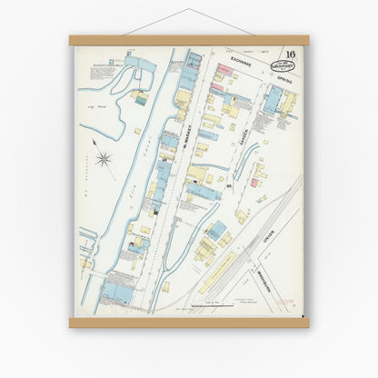 Old map wall art mockup — magnetic wood frame on white wall — Sanborn Fire Insurance Map from Lockport, Niagara County, New York (1892), Sheet #0016