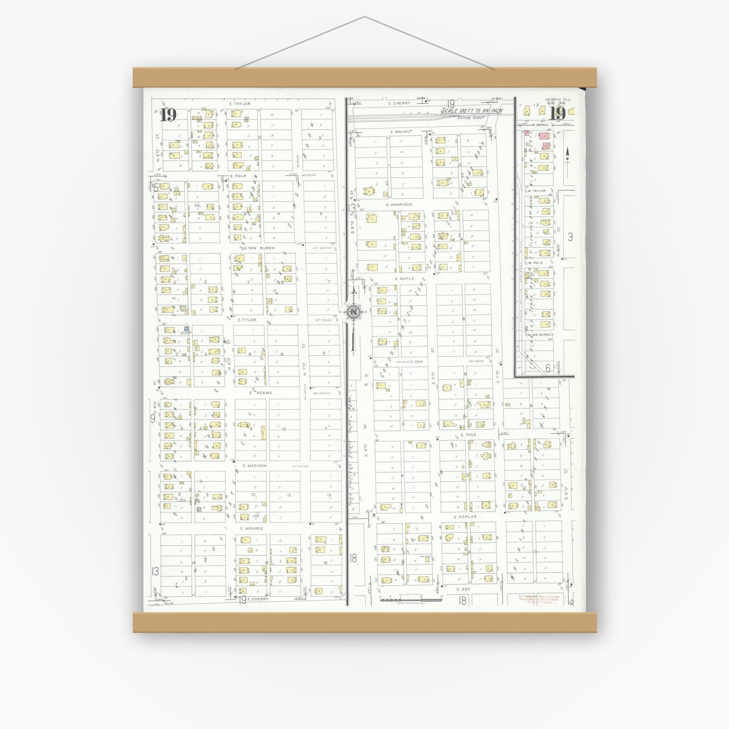 Old map wall art mockup — magnetic wood frame on white wall — Sanborn Fire Insurance Map from Herrin, Williamson County, Illinois (1941), Sheet #0019
