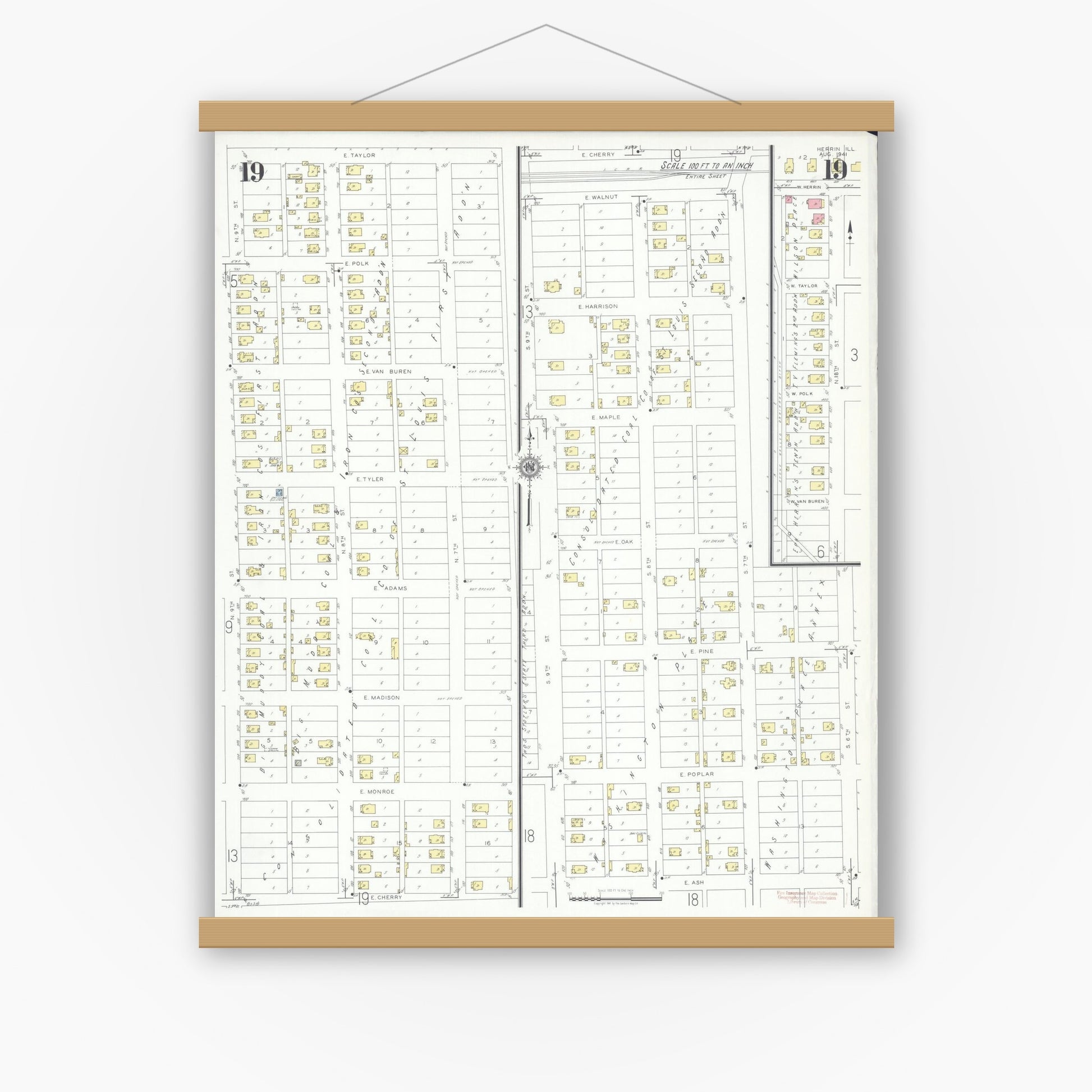 Old map wall art mockup — magnetic wood frame on white wall — Sanborn Fire Insurance Map from Herrin, Williamson County, Illinois (1941), Sheet #0019