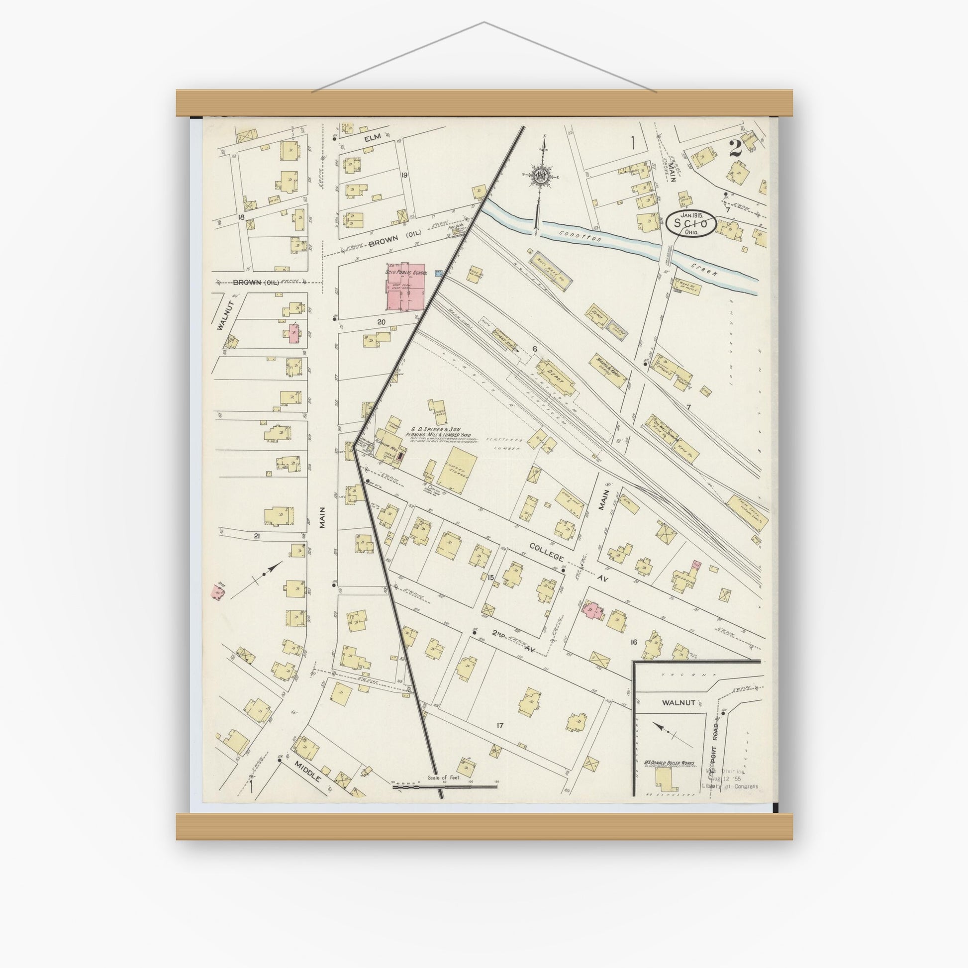 Old map wall art mockup — magnetic wood frame on white wall — Sanborn Fire Insurance Map from Scio, Harrison County, Ohio (1915), Sheet #0002