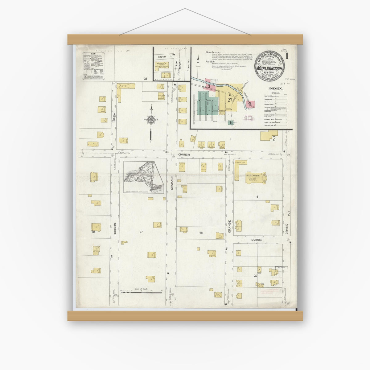 Old map wall art mockup — magnetic wood frame on white wall — Sanborn Fire Insurance Map from Marlborough, Ulster County, New York (1912) - Complete Map Set