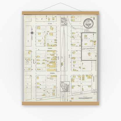 Old map wall art mockup — magnetic wood frame on white wall — Sanborn Fire Insurance Map from Elcho, Langlade County, Wisconsin (1920), Sheet #0001