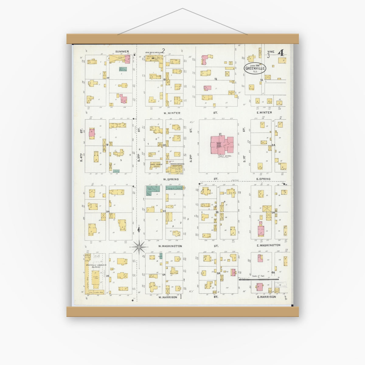 Old map wall art mockup — magnetic wood frame on white wall — Sanborn Fire Insurance Map from Greenville, Bond County, Illinois (1906), Sheet #0004