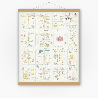 Old map wall art mockup — magnetic wood frame on white wall — Sanborn Fire Insurance Map from Greenville, Bond County, Illinois (1906), Sheet #0004