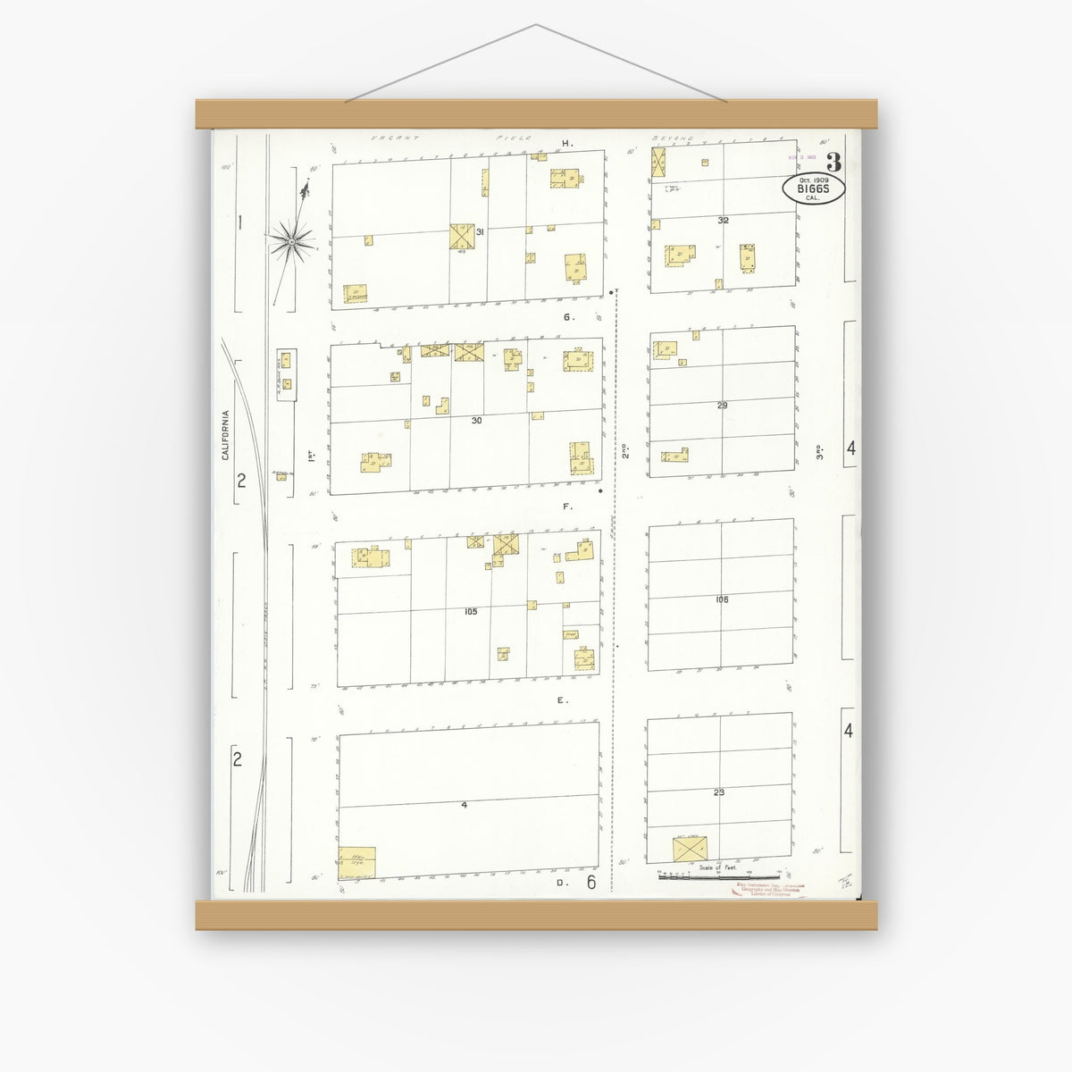 Old map wall art mockup — magnetic wood frame on white wall — Sanborn Fire Insurance Map from Biggs, Butte County, California (1909), Sheet #0003