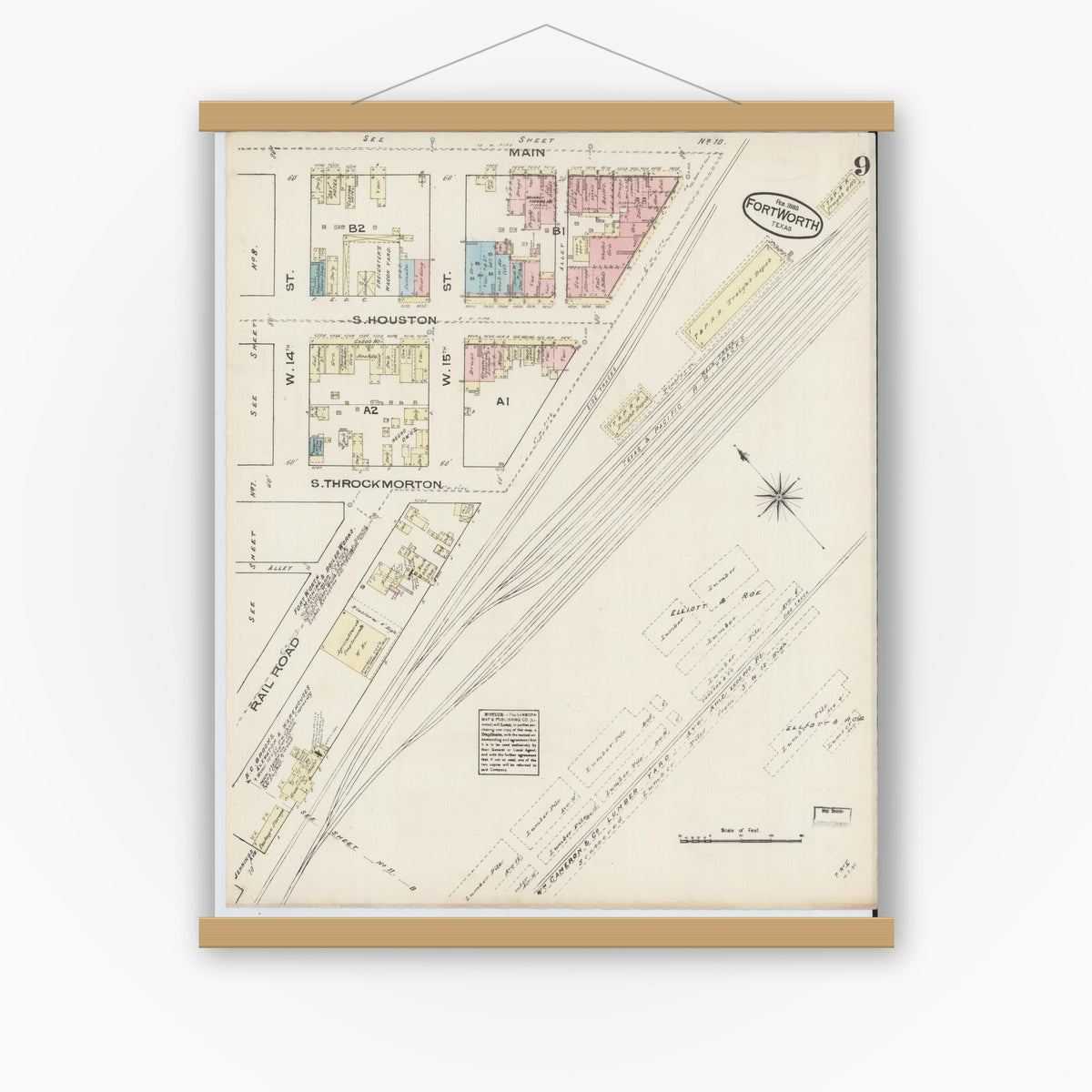 Old map wall art mockup — magnetic wood frame on white wall — Sanborn Fire Insurance Map from Fort Worth, Tarrant County, Texas (1885), Sheet #0009