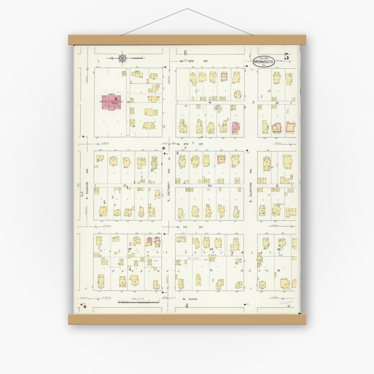 Old map wall art mockup — magnetic wood frame on white wall — Sanborn Fire Insurance Map from Monmouth, Warren County, Illinois (1913), Sheet #0005