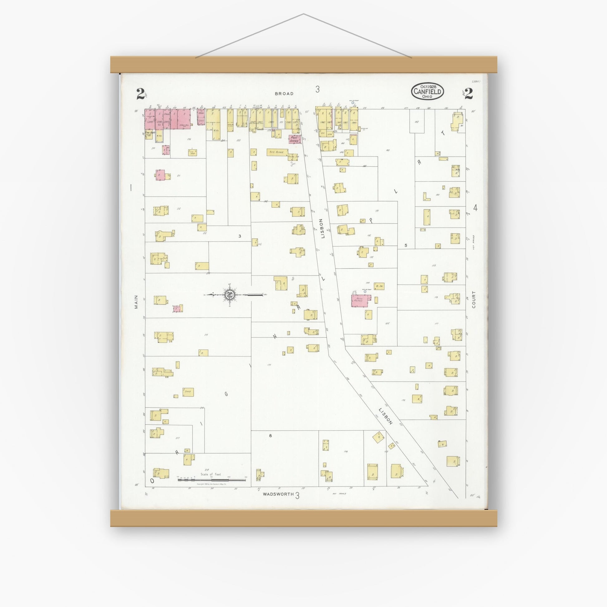 Old map wall art mockup — magnetic wood frame on white wall — Sanborn Fire Insurance Map from Canfield, Mahoning County, Ohio (1928), Sheet #0002