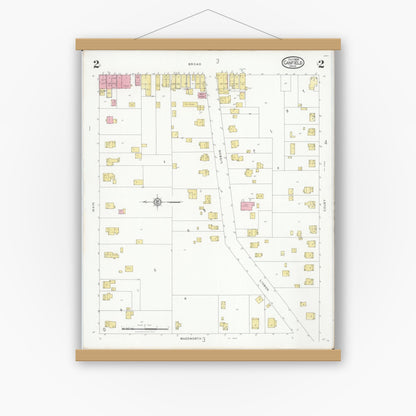 Old map wall art mockup — magnetic wood frame on white wall — Sanborn Fire Insurance Map from Canfield, Mahoning County, Ohio (1928), Sheet #0002