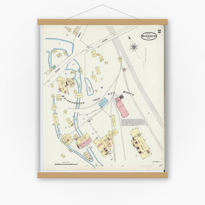 Old map wall art mockup — magnetic wood frame on white wall — Sanborn Fire Insurance Map from Bridgewater, Plymouth County, Massachusetts (1891), Sheet #0002