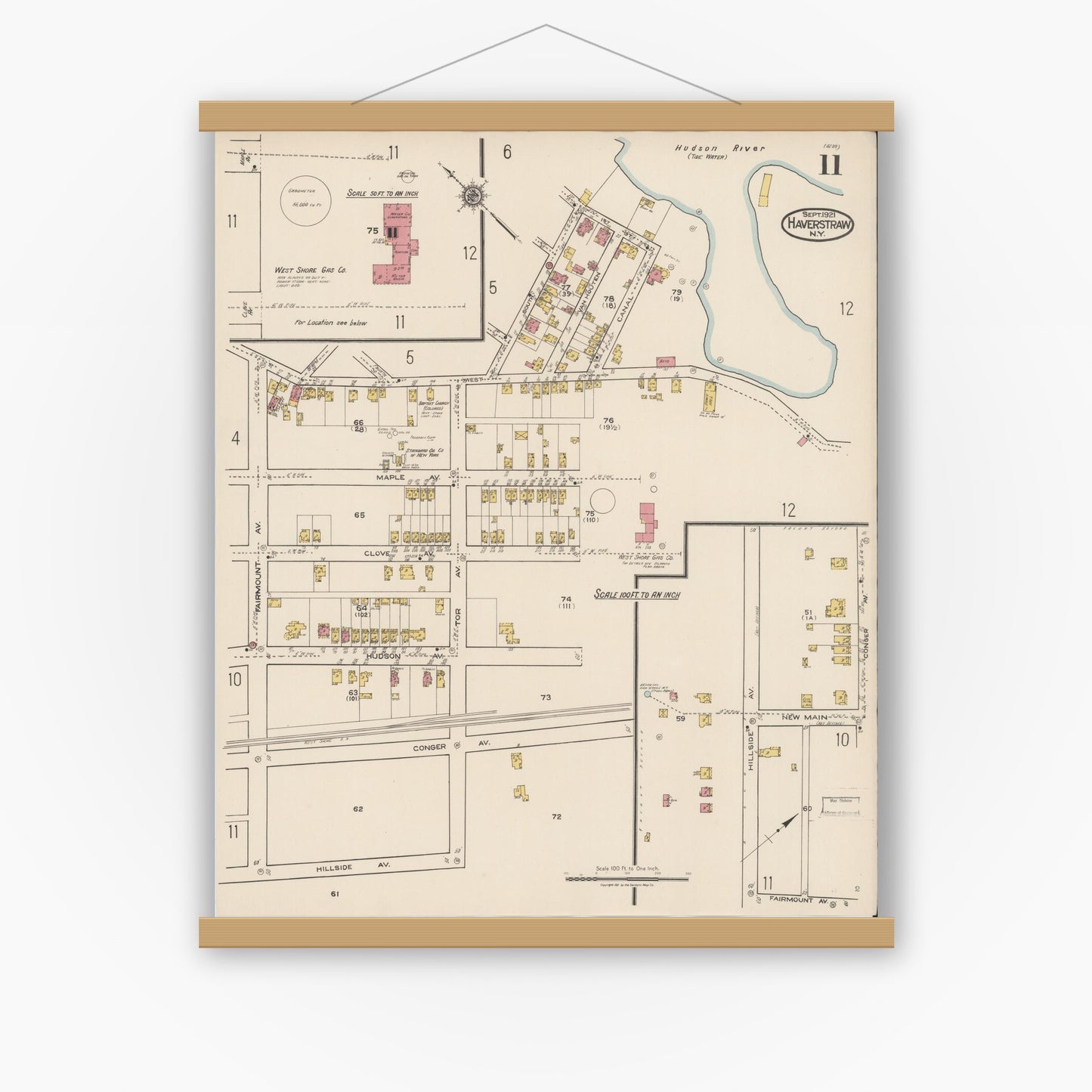 Old map wall art mockup — magnetic wood frame on white wall — Sanborn Fire Insurance Map from Haverstraw, Rockland County, New York (1921), Sheet #0011