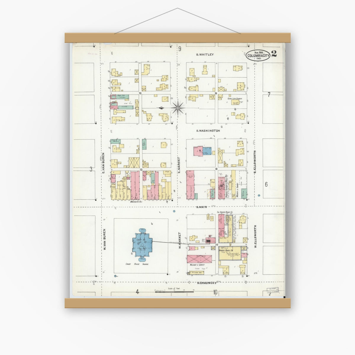 Old map wall art mockup — magnetic wood frame on white wall — Sanborn Fire Insurance Map from Columbia City, Whitley County, Indiana (1905), Sheet #0002