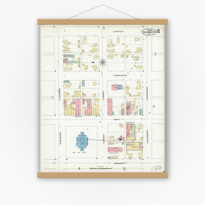 Old map wall art mockup — magnetic wood frame on white wall — Sanborn Fire Insurance Map from Columbia City, Whitley County, Indiana (1905), Sheet #0002