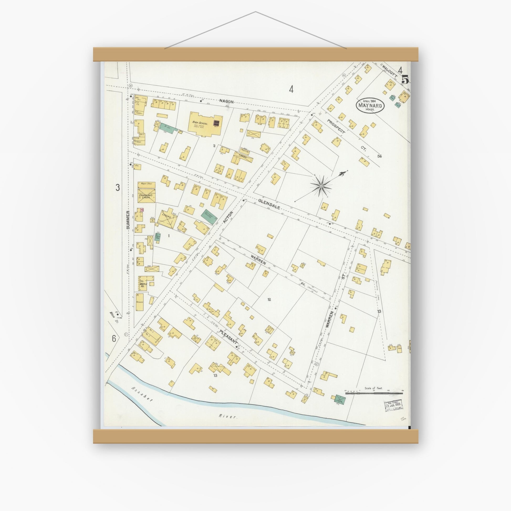 Old map wall art mockup — magnetic wood frame on white wall — Sanborn Fire Insurance Map from Maynard, Middlesex County, Massachusetts (1904), Sheet #0005