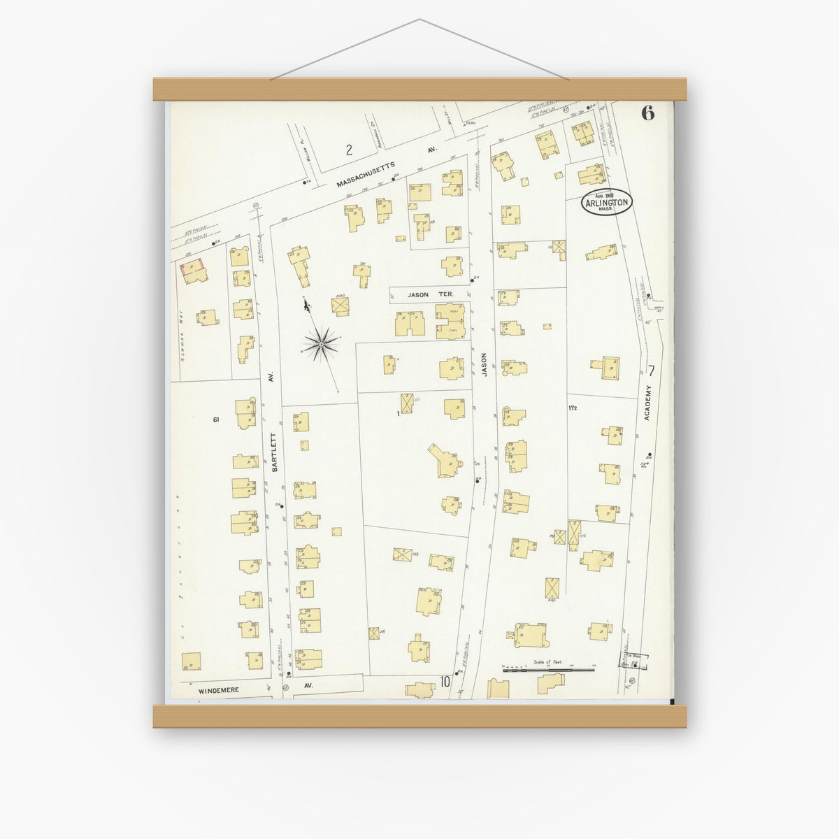 Old map wall art mockup — magnetic wood frame on white wall — Sanborn Fire Insurance Map from Arlington, Middlesex County, Massachusetts (1908), Sheet #0006