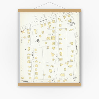 Old map wall art mockup — magnetic wood frame on white wall — Sanborn Fire Insurance Map from Arlington, Middlesex County, Massachusetts (1908), Sheet #0006