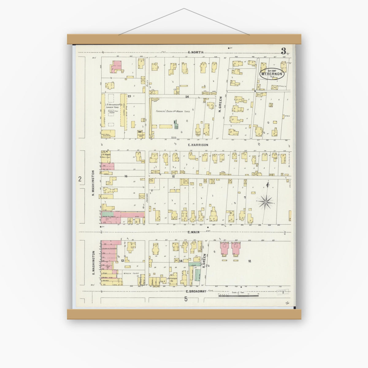 Old map wall art mockup — magnetic wood frame on white wall — Sanborn Fire Insurance Map from Mount Vernon, Jefferson County, Illinois (1897), Sheet #0003